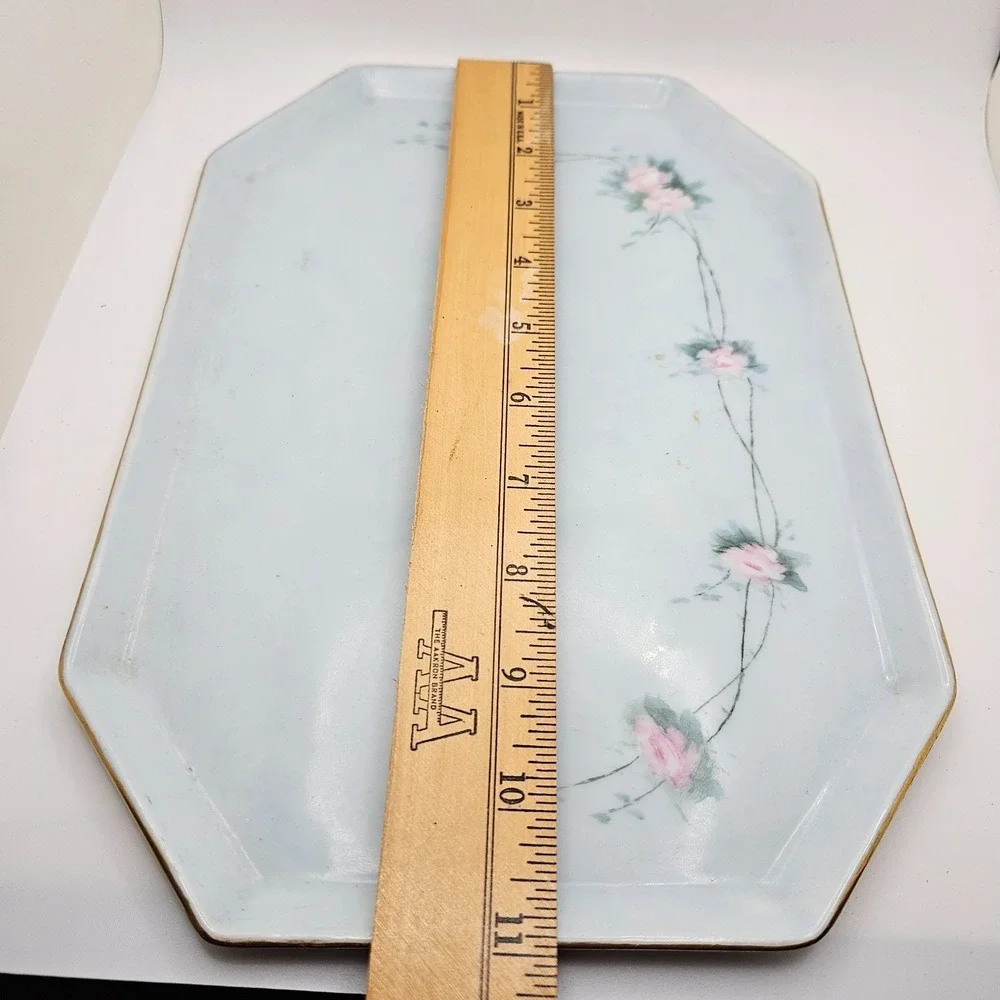 Antique T&V Limoges France 3 Pc Vanity Set Blue Pink Roses Tray‎ Powder Jar